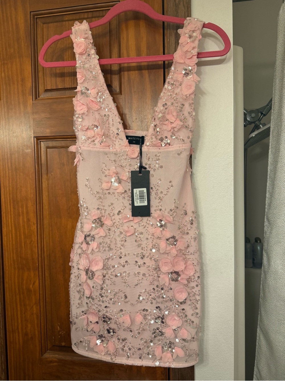 White Fox Boutique Sequin & Floral Appliqué Pink V-Neck Cocktail Dress